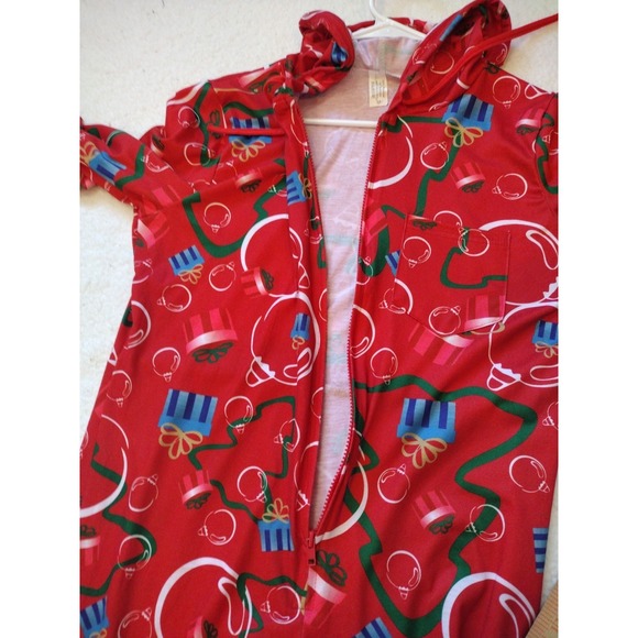 Red Christmas One Piece Hoodie Pajama Unisex Medium‎ AOP With Ornaments Bells - Picture 6 of 8